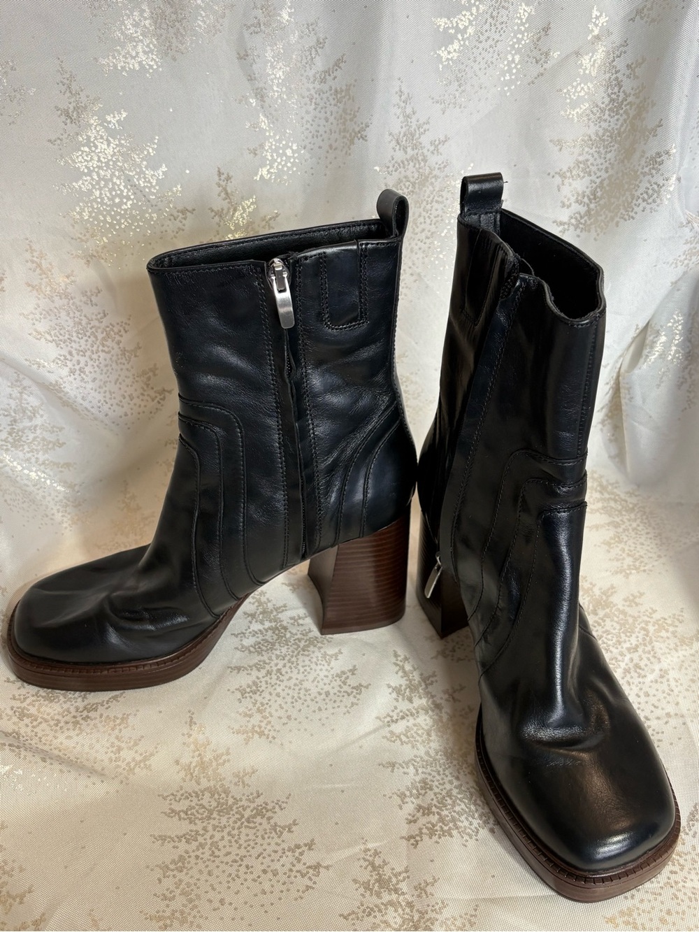 Nine West Black Leather Platform Block Heel Ankle Boots - Picture 16 of 16